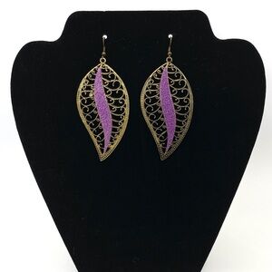 Goldtone Scrollwork Lavender Long Dangle Earrings